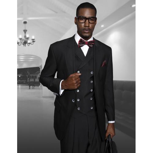 Statement Confidence "Monza" Black Shadow Pinstripes Super 150's Wool Vested Wide Leg Suit